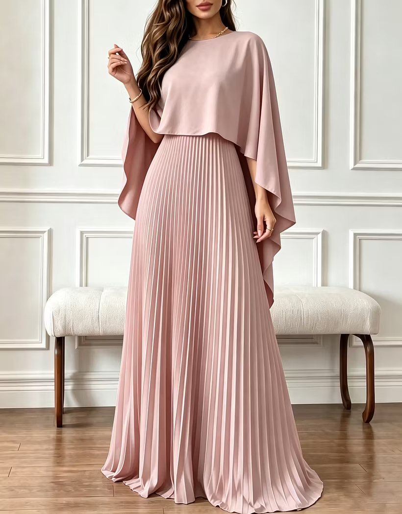 Round Neck Chiffon Cape Overlay Evening A‑Line Maxi Dress