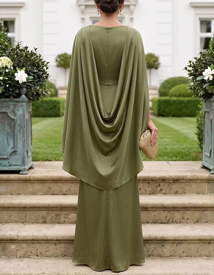 Olive Green V-Neck Cape Sleeve 3D Flower Front Slit Sheath Maxi Dress