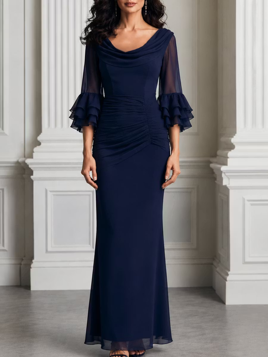 Navy Blue Cowl Neck Sheer Ruffle Sleeves Maxi Dress