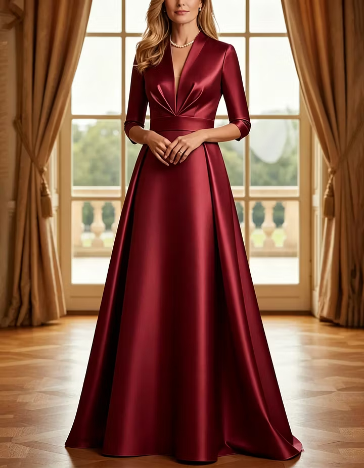 Light Blue Satin Deep V Elbow Sleeve Maxi Dress