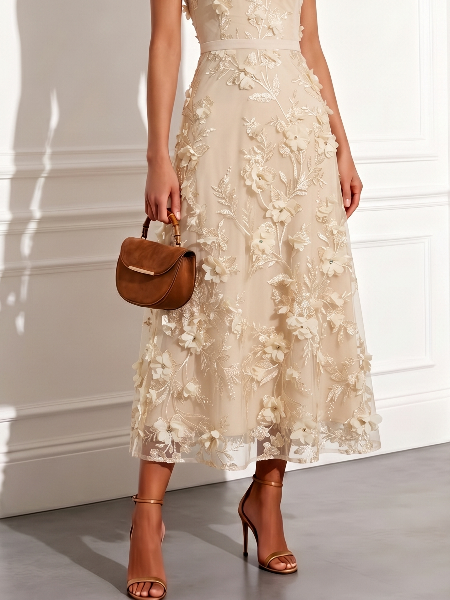 Champagne Sleeveless High Neck 3D Floral Lace A-Line Tea-Length Dress