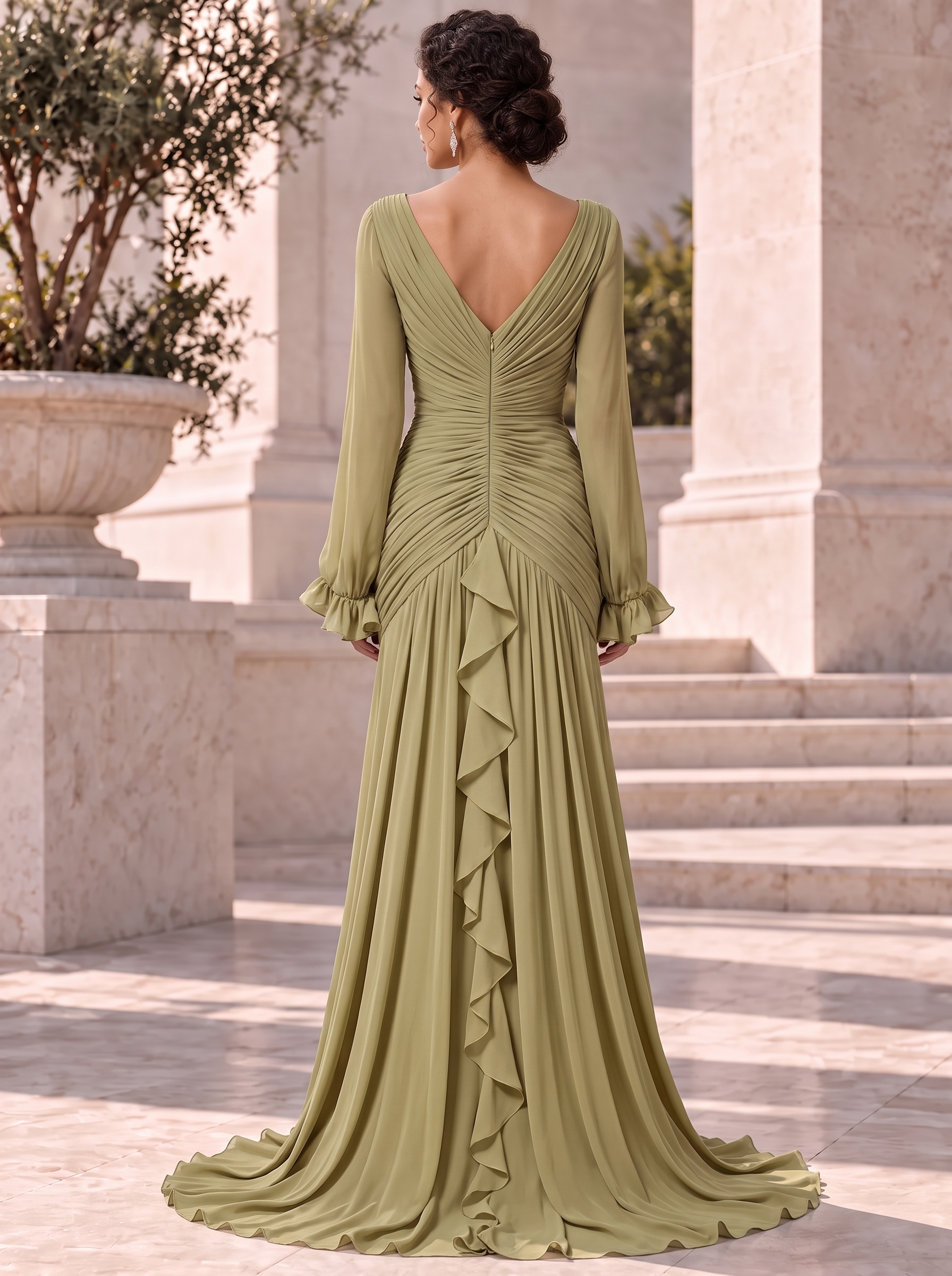 V-Neck Sheer Long Sleeve Ruffled Chiffon Dress