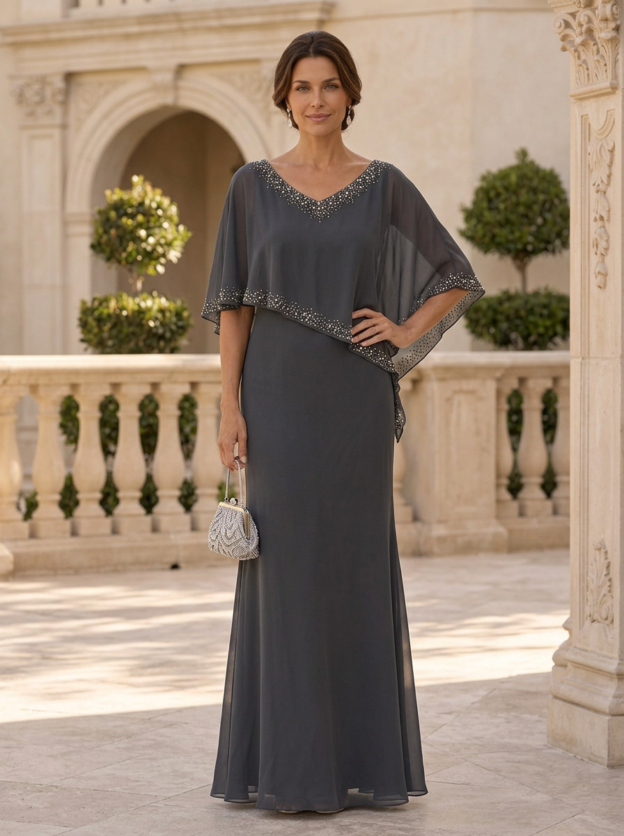 Gray V-Neck Beaded Sheer Short Sleeve Chiffon A-Line Maxi Dress