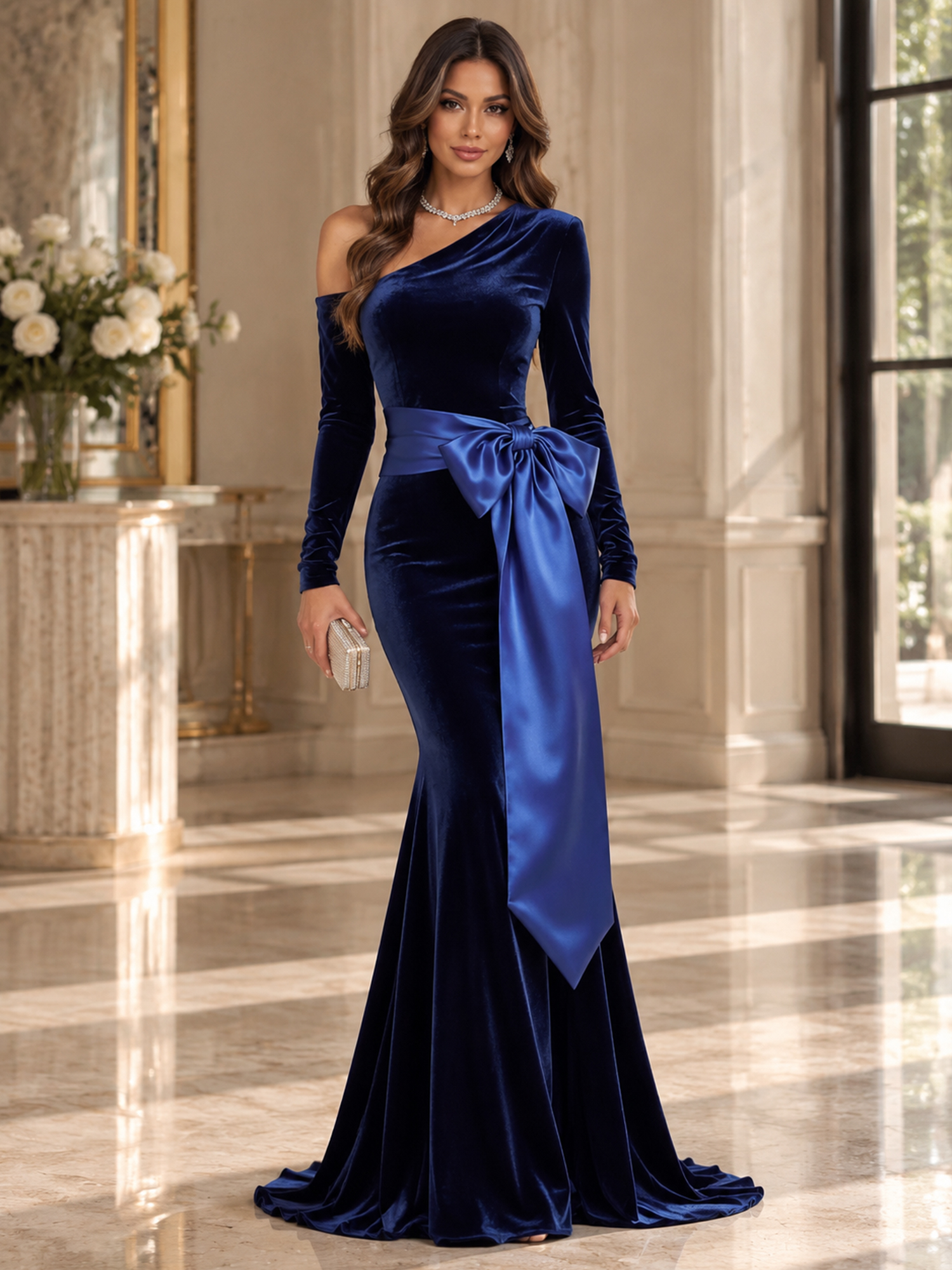 Black Off-Shoulder Long-Sleeve Satin-Bow Velvet Mermaid Maxi Dress