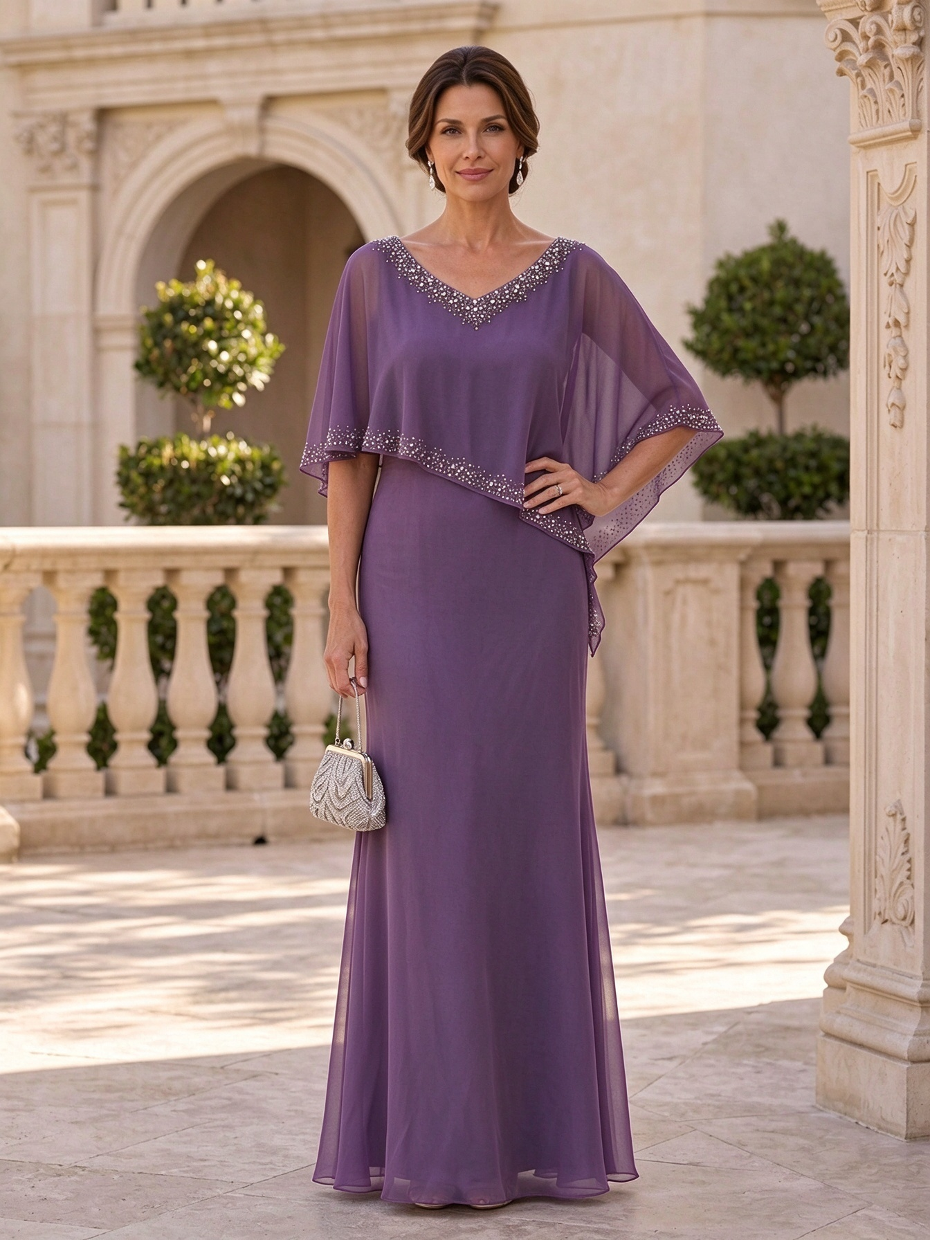 Gray V-Neck Beaded Sheer Short Sleeve Chiffon A-Line Maxi Dress