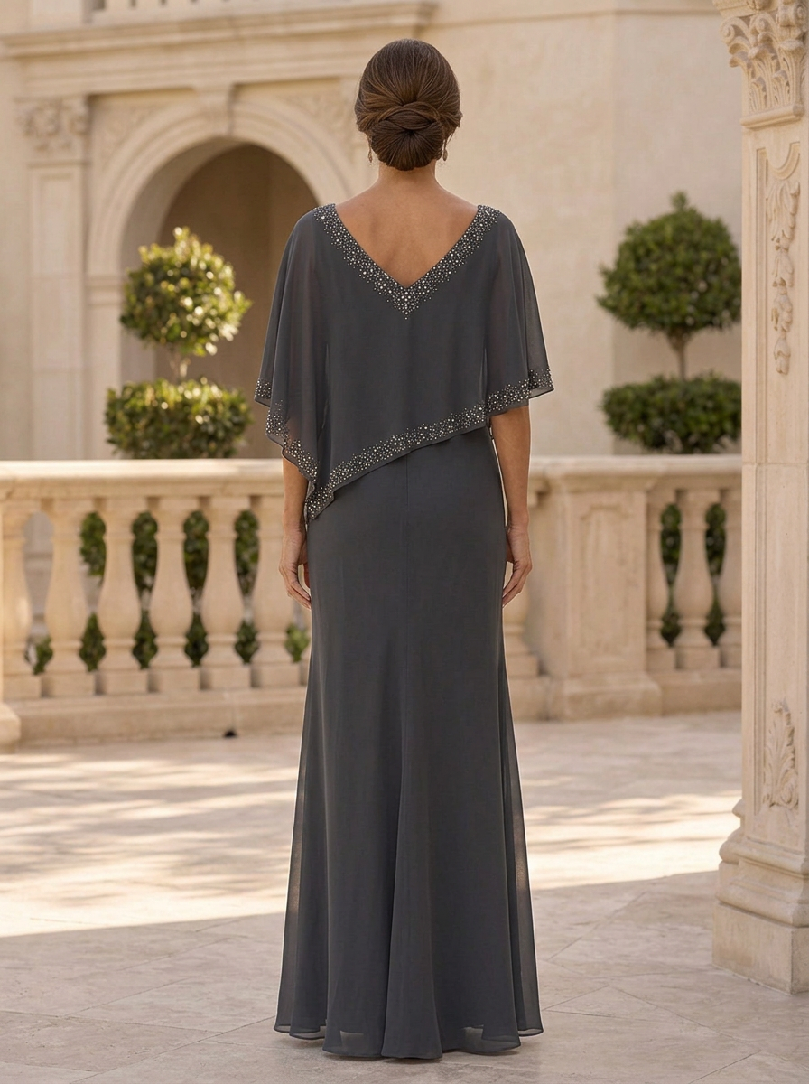 Gray V-Neck Beaded Sheer Short Sleeve Chiffon A-Line Maxi Dress