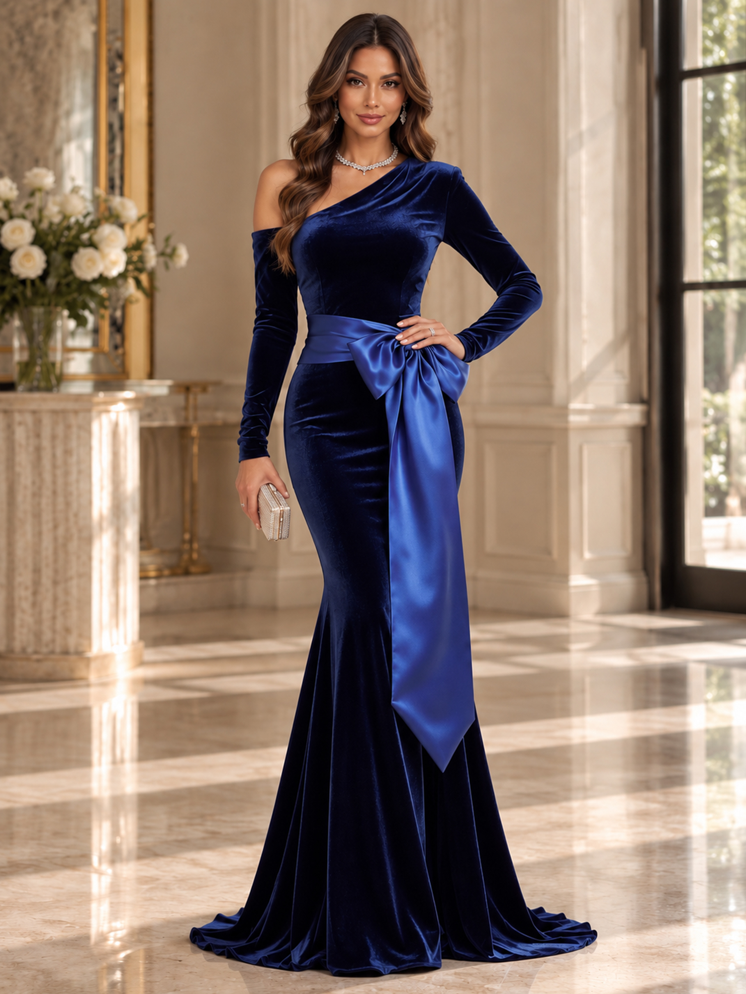 Black Off-Shoulder Long-Sleeve Satin-Bow Velvet Mermaid Maxi Dress