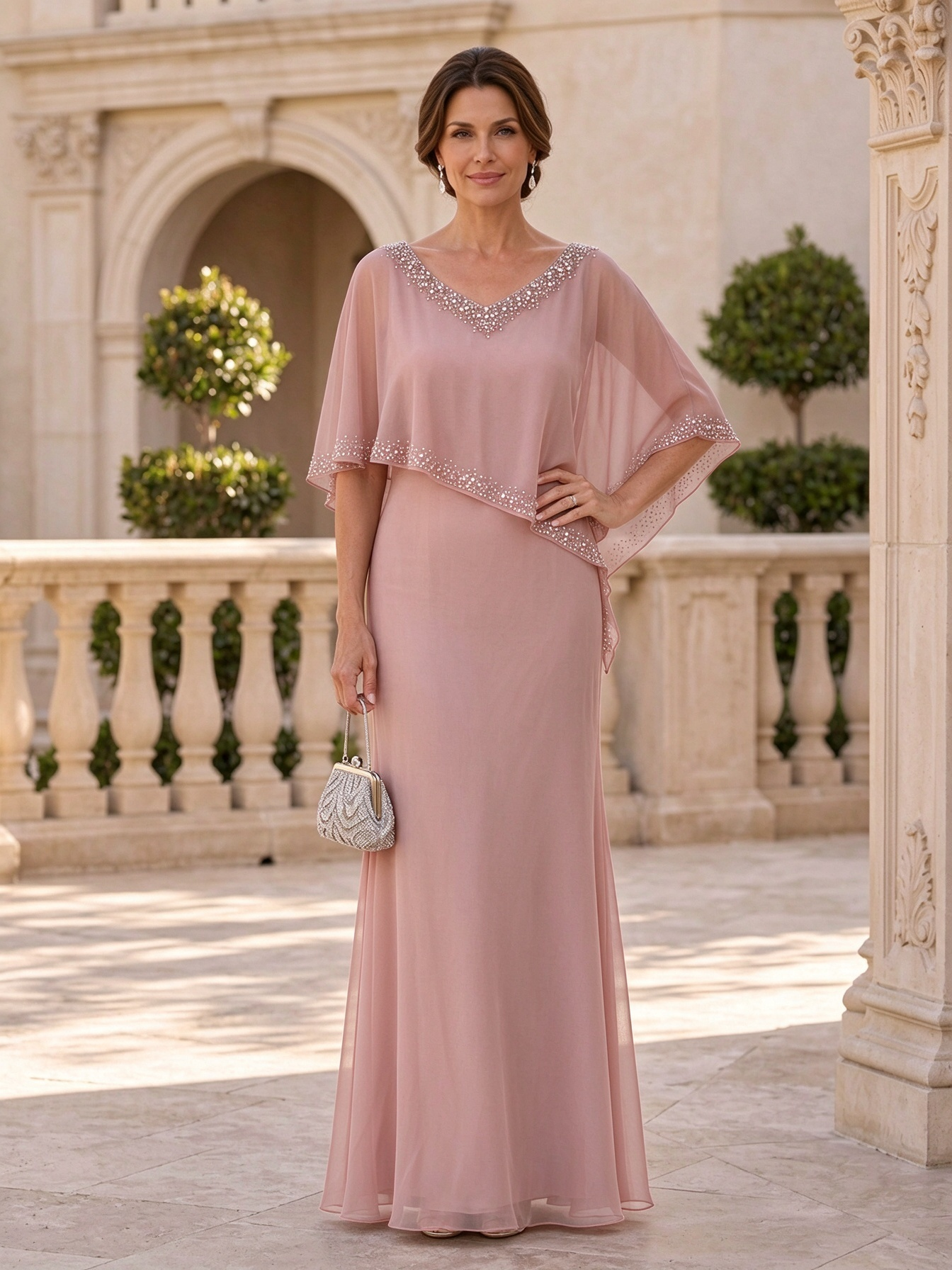 Gray V-Neck Beaded Sheer Short Sleeve Chiffon A-Line Maxi Dress