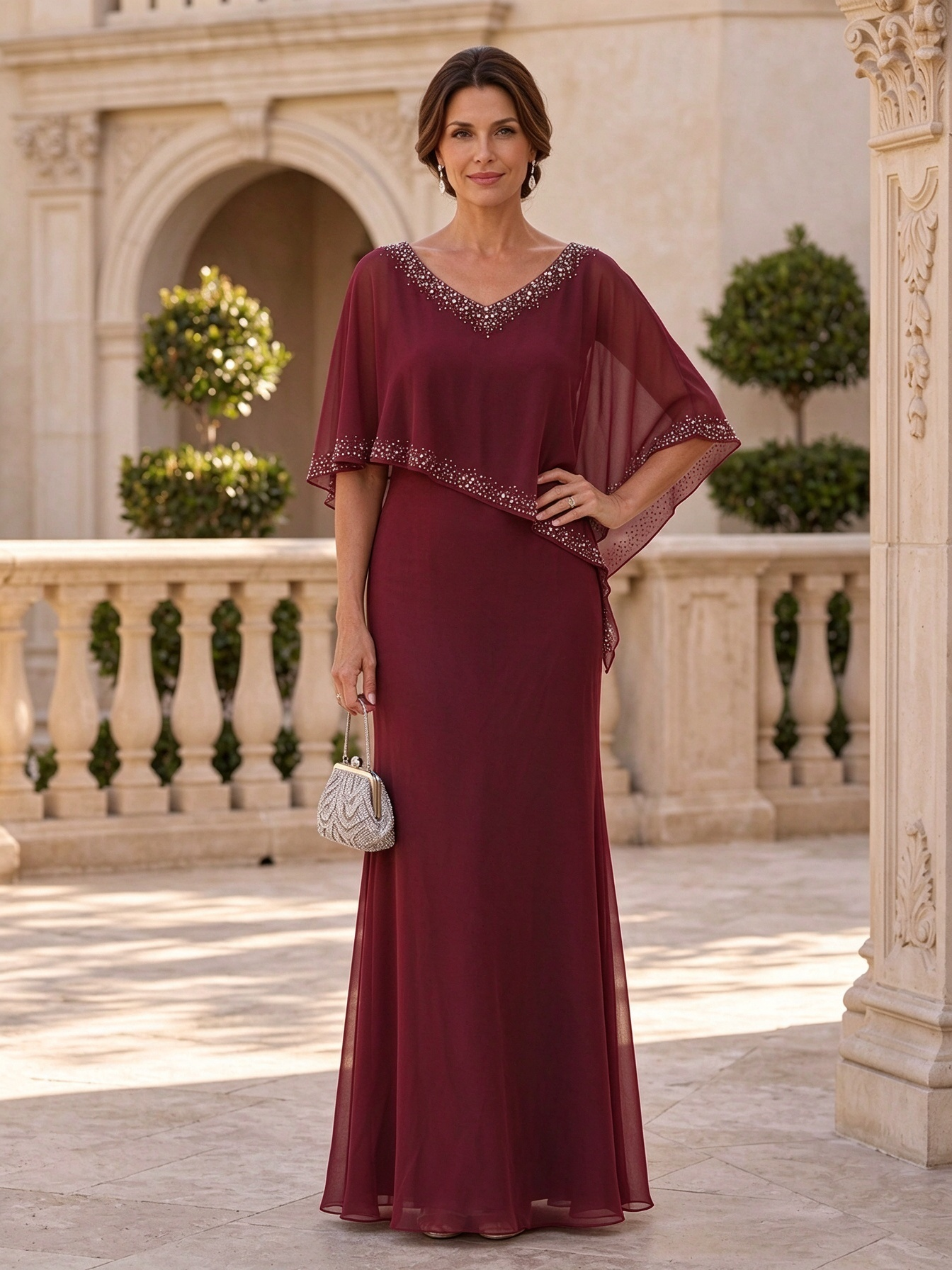 Gray V-Neck Beaded Sheer Short Sleeve Chiffon A-Line Maxi Dress