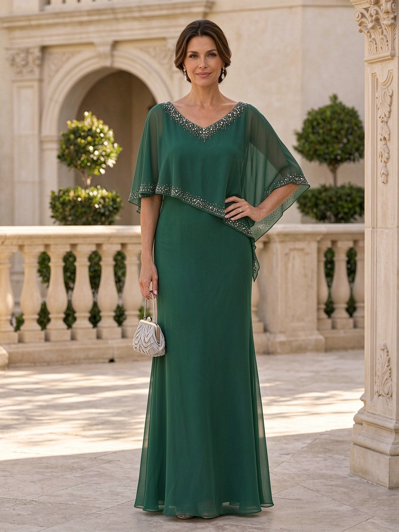 Gray V-Neck Beaded Sheer Short Sleeve Chiffon A-Line Maxi Dress