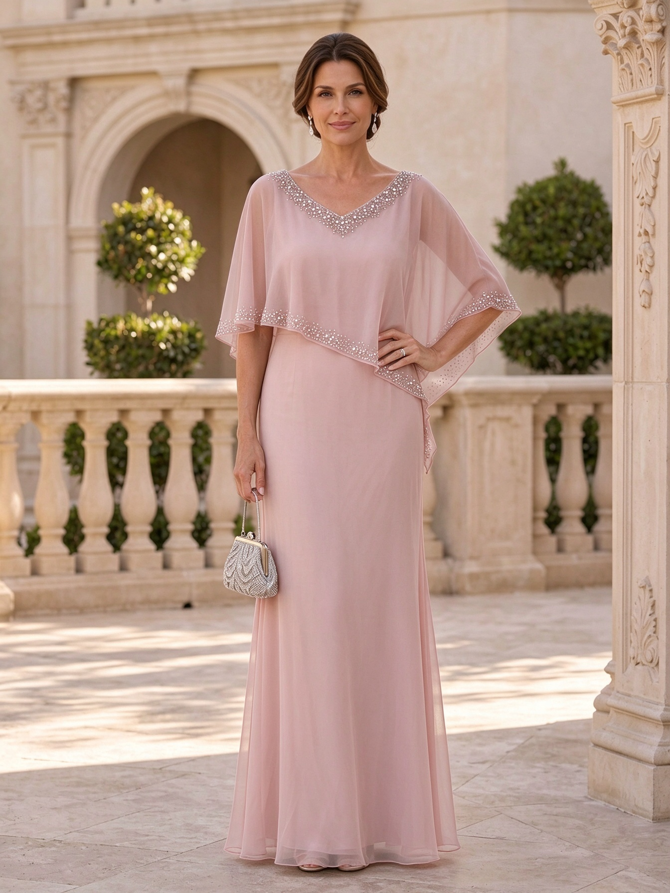 Gray V-Neck Beaded Sheer Short Sleeve Chiffon A-Line Maxi Dress