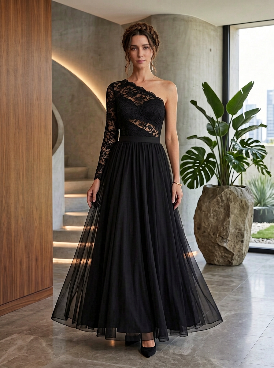 Black One‑Shoulder Long Lace Sleeve Tulle A‑Line Maxi Dress