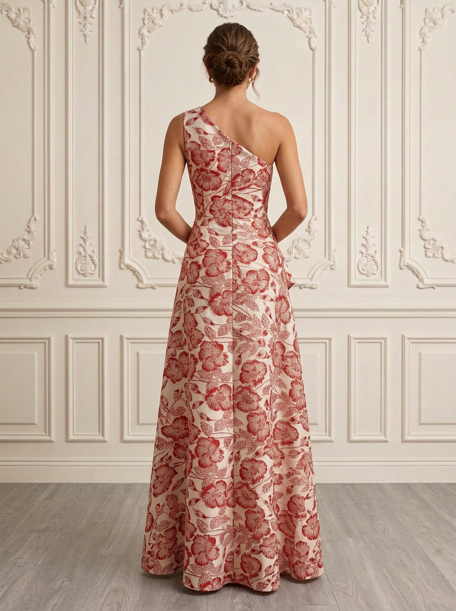 Dusty Blue One-Shoulder Sleeveless Floral Jacquard Asymmetric Ruffle A-Line Maxi Dress