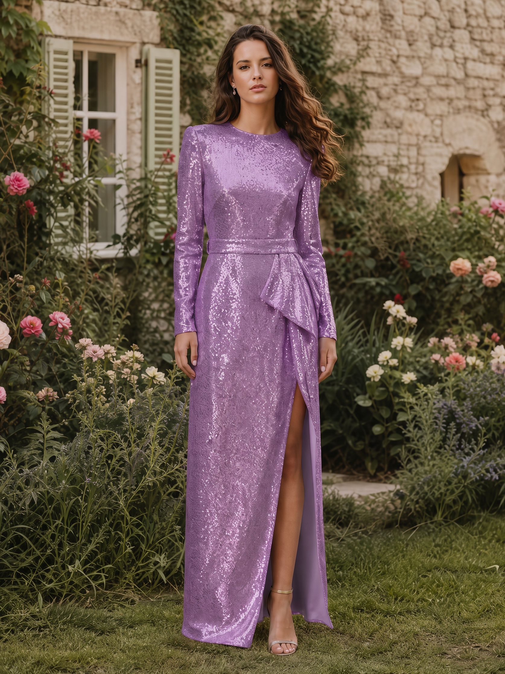 Purple Round Neck Long Sleeve Allover Sequin Waist Tie Sheath Maxi Dress