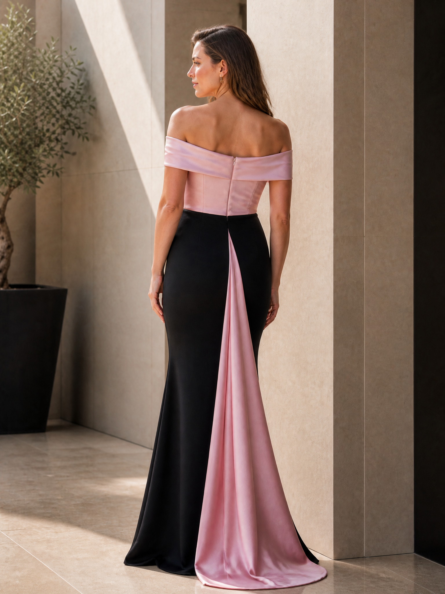 Black and Blush Pink Off Shoulder Draped Mermaid Maxi Dress