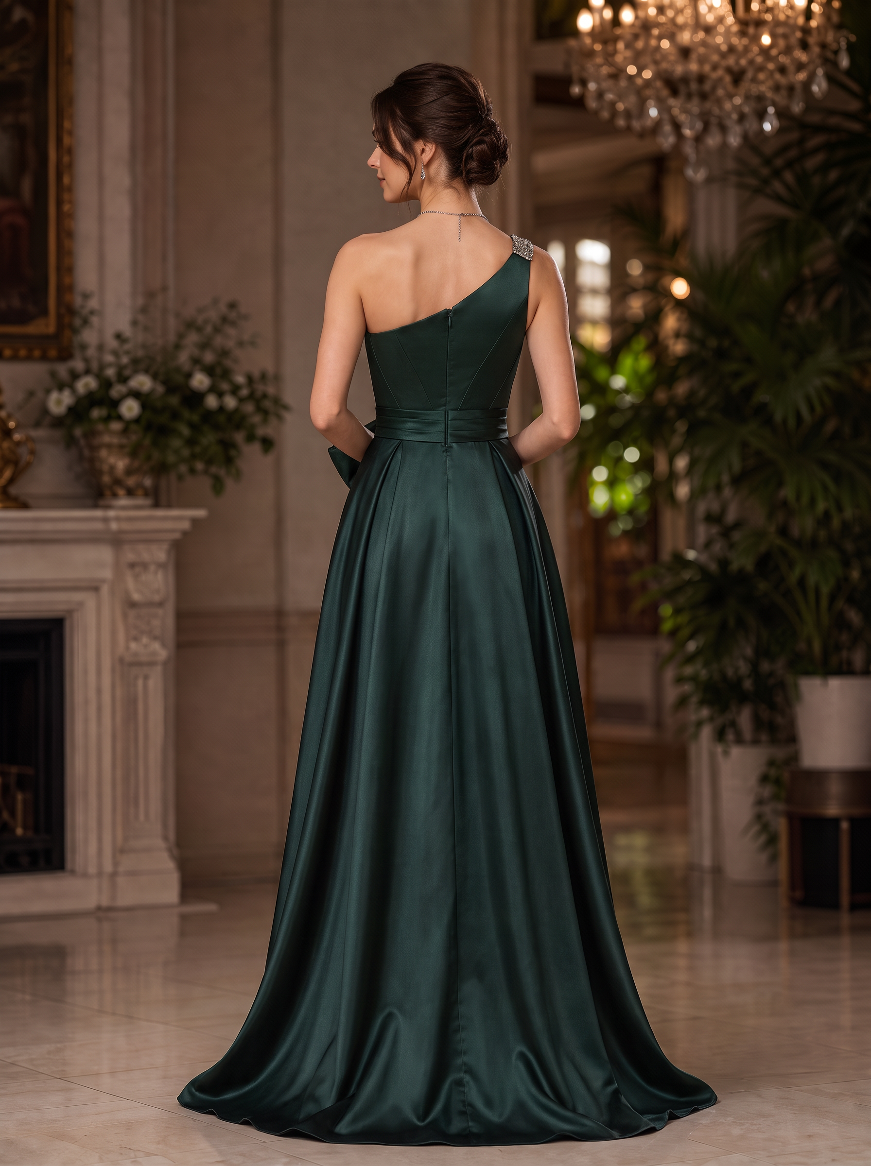 Emerald Green One-Shoulder Beaded Bow A-Line Maxi Dress