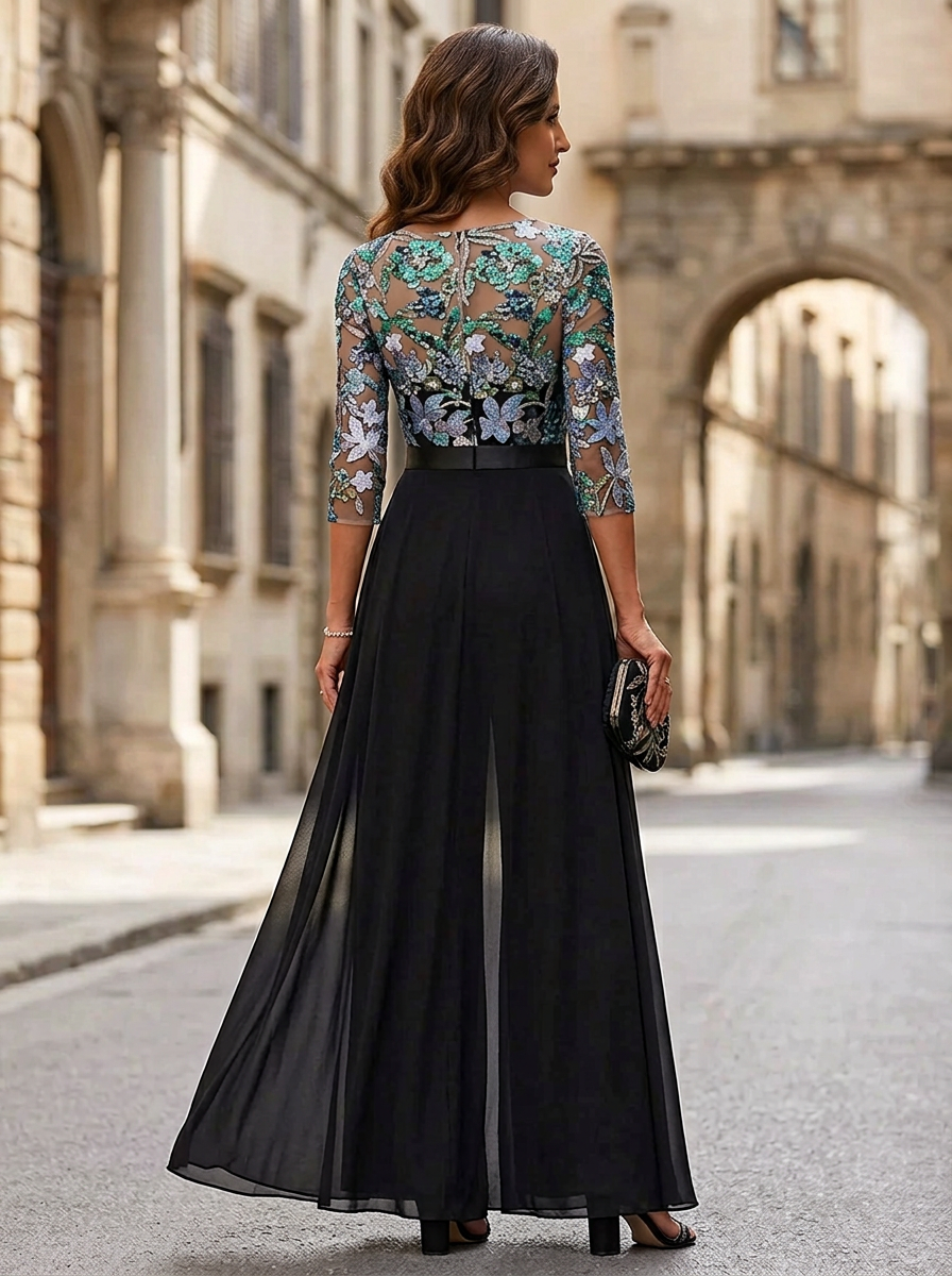 Floral Embroidered New Chiffon Half-Sleeve Sequined Jumpsuit