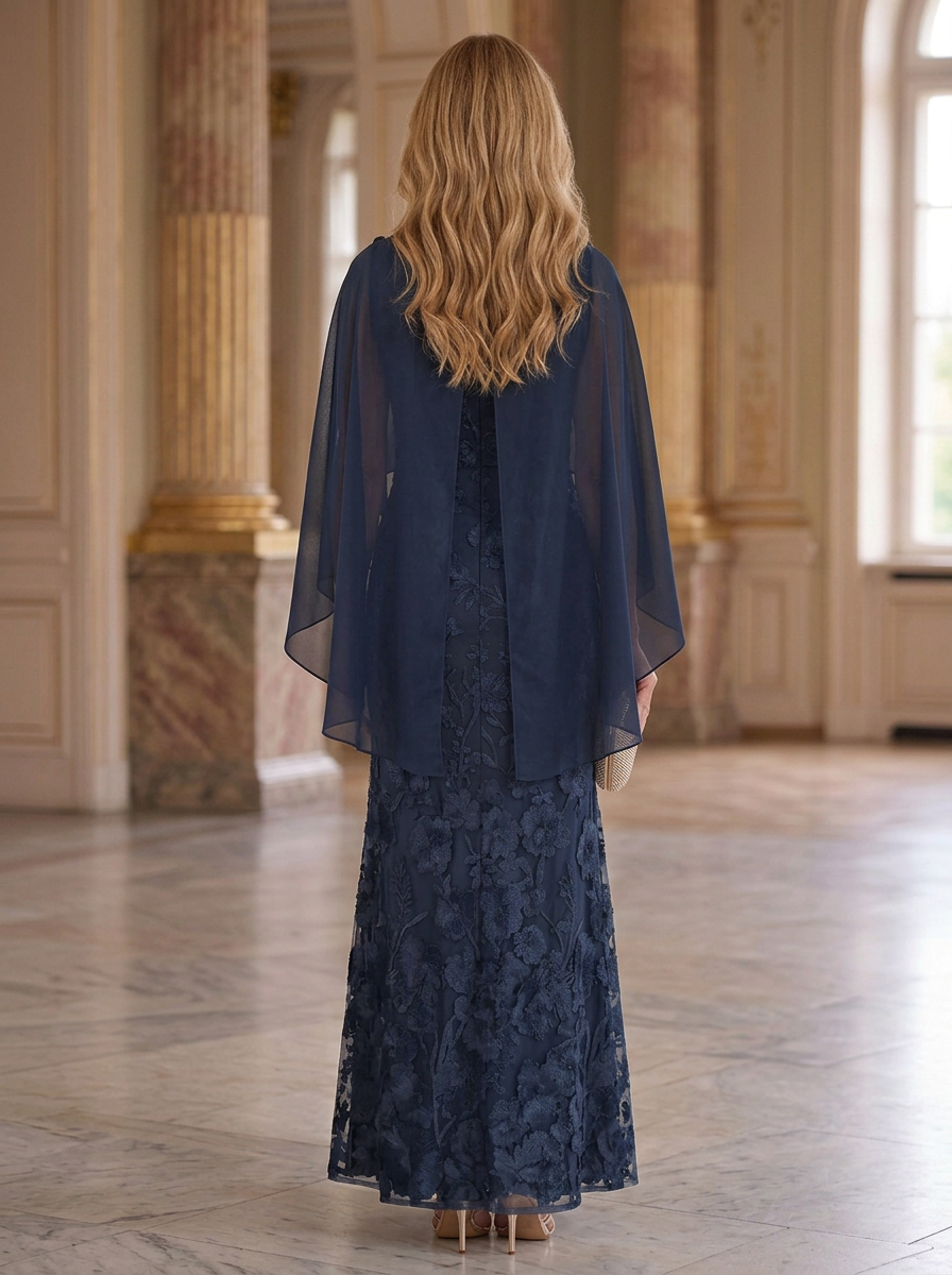 Navy Blue Chiffon Cape Floral Embroidered Mermaid Maxi Dress