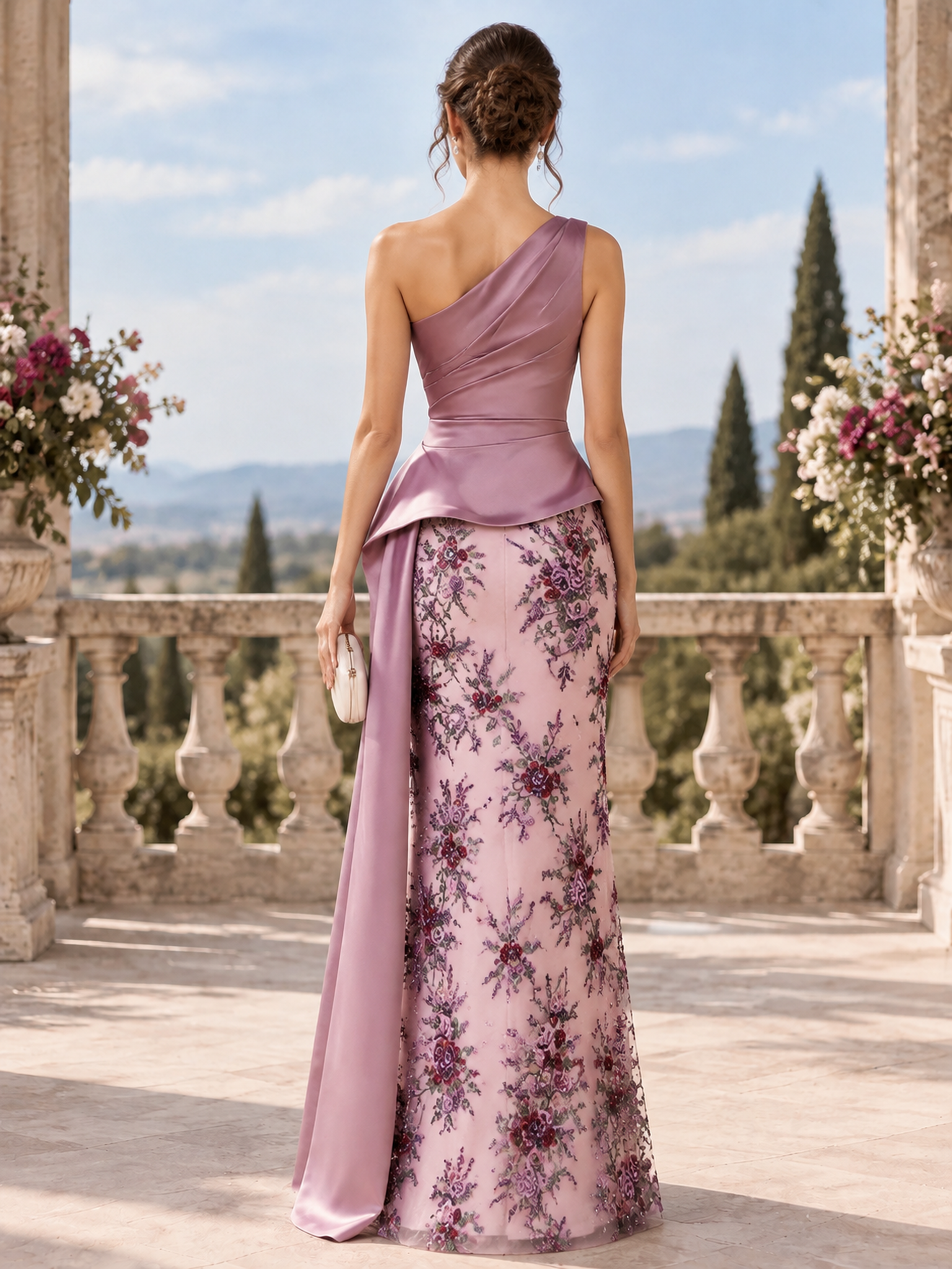 Plum One-Shoulder Peplum Floral Print Mermaid Maxi Dress