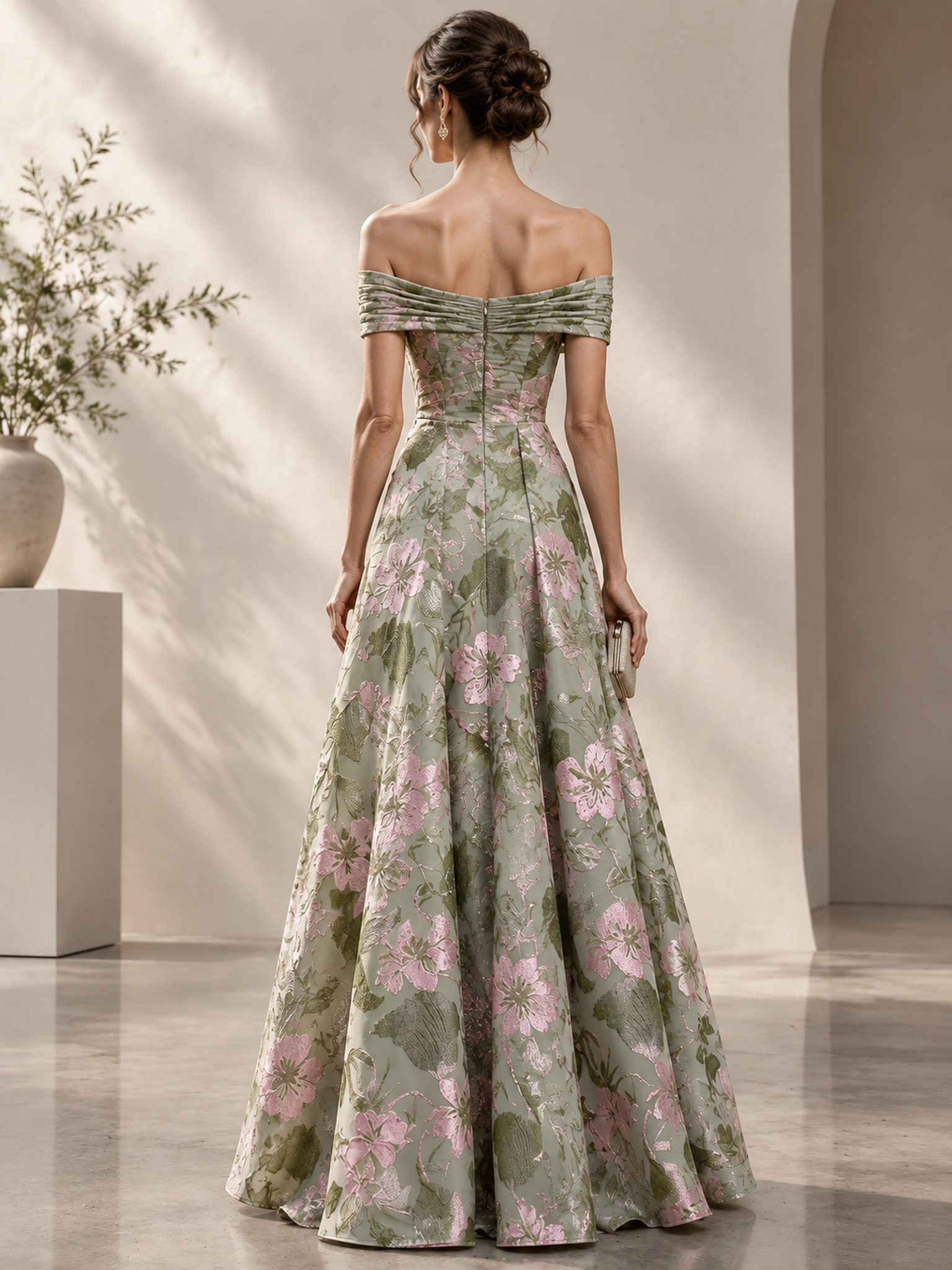 Sage Green Floral Embroidered Off Shoulder Ruffle Maxi Dress