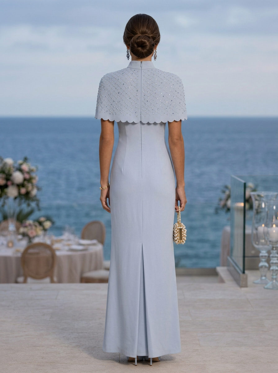 Light Blue High Neck Rhinestone Capelet Sheath Maxi Dress