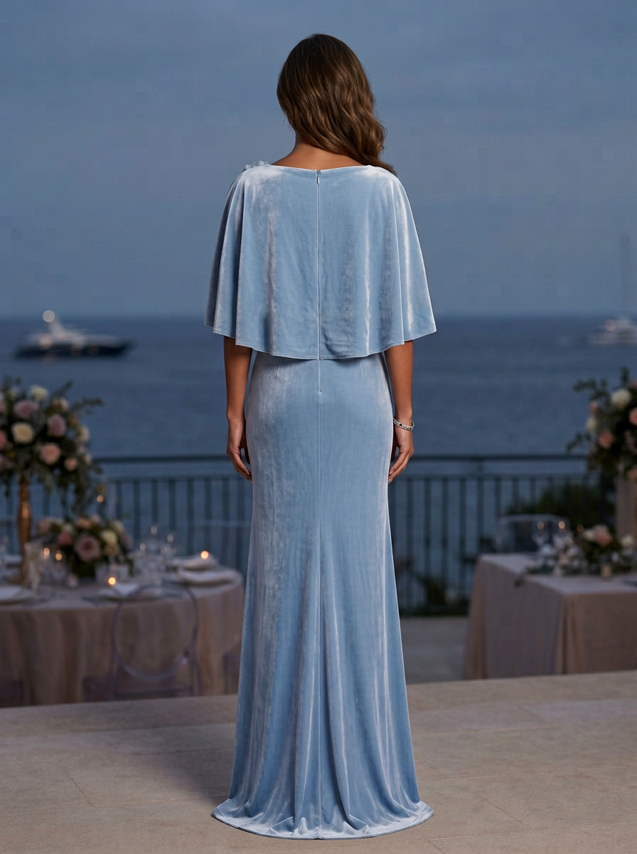 Light Blue Velvet Cape Sleeve Floral Applique Maxi Dress