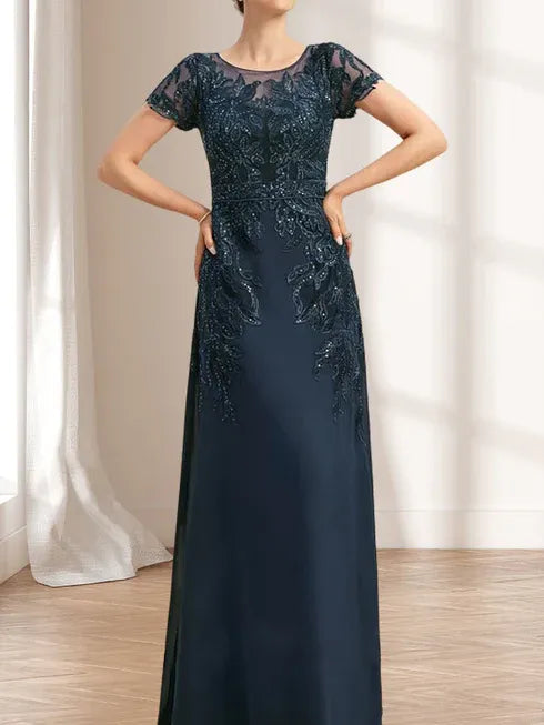 Sheath/Column Scoop Illusion Floor-Length Lace Chiffon Mother of the Bride Dress With Sequins