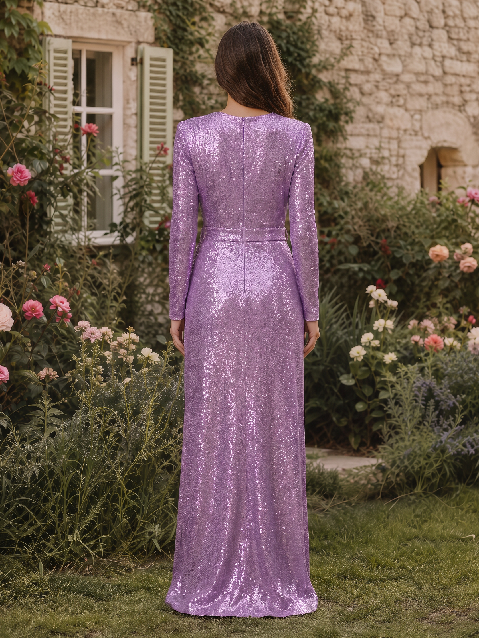Purple Round Neck Long Sleeve Allover Sequin Waist Tie Sheath Maxi Dress