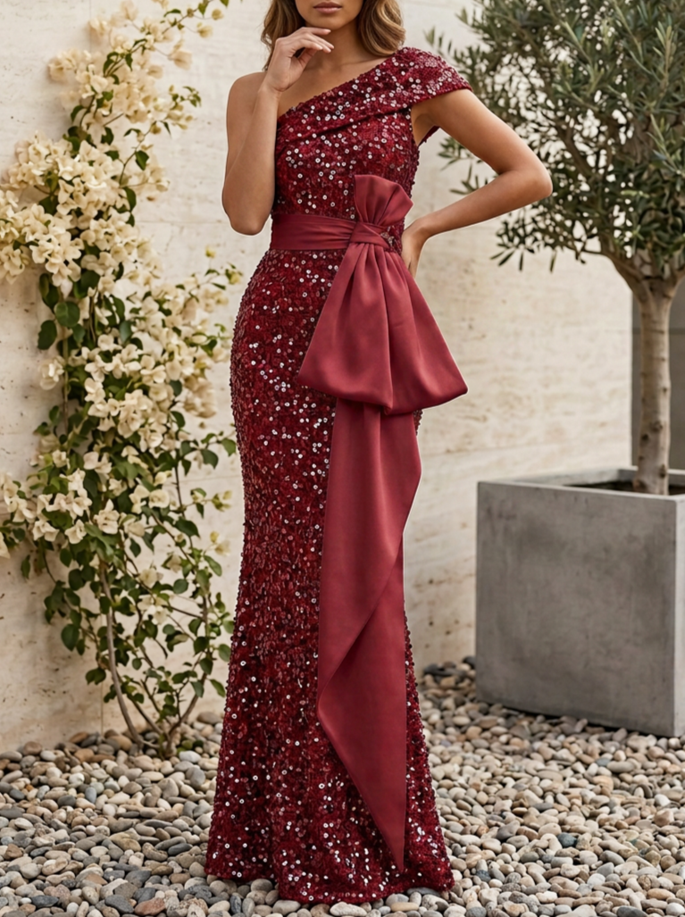 Burgundy One-Shoulder Sequin Satin Bow Floor-Length Gown Dress