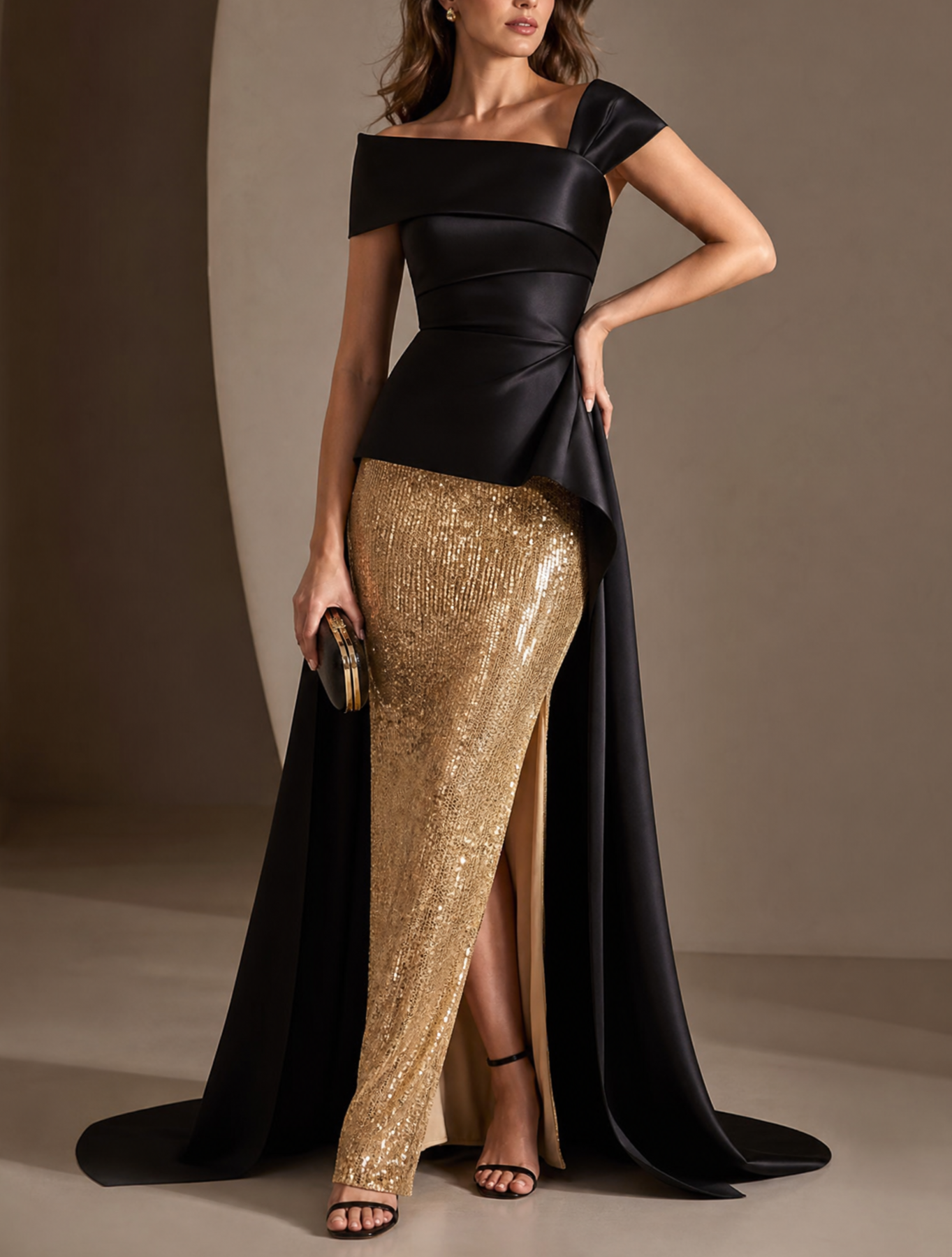 Black Sequin Off-The-Shoulder Asymmetric Peplum Maxi Evening Gown Dress