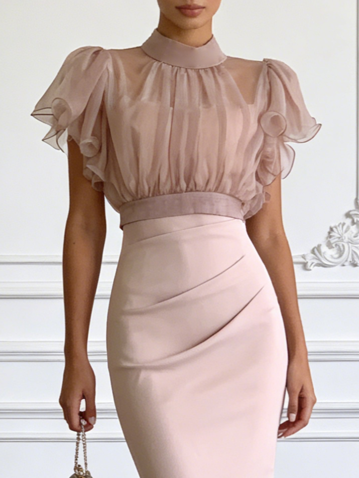 Blush Pink Sheer Ruffle Sleeve High Neck Midi Dress