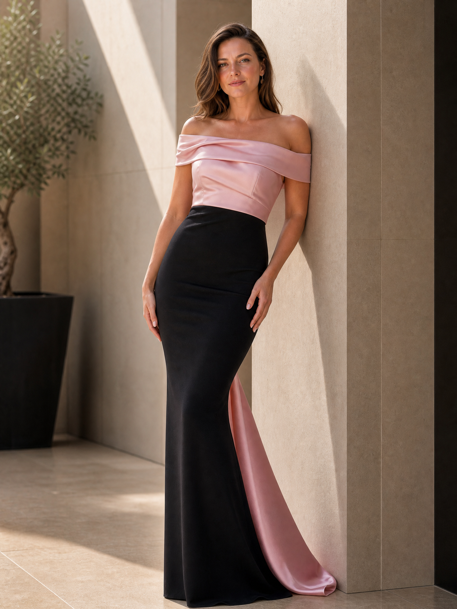 Black and Blush Pink Off Shoulder Draped Mermaid Maxi Dress