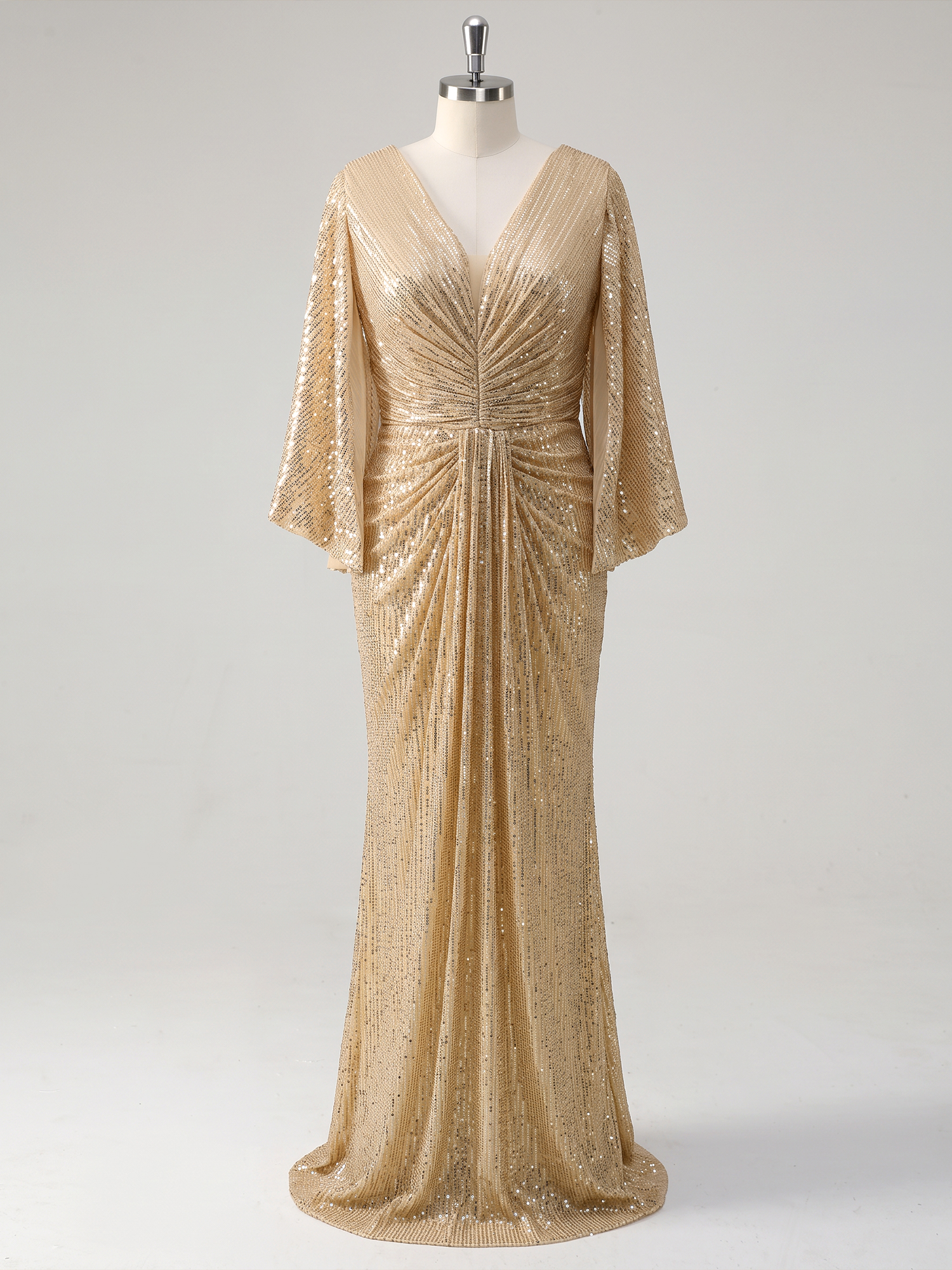 Gold Sequined V Neck Flare Sleeve Mermaid Maxi Dress
