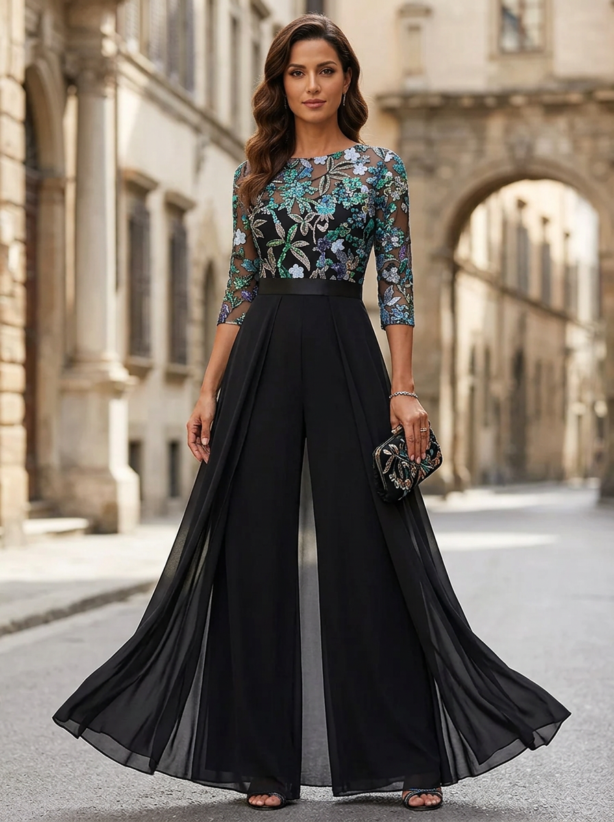 Floral Embroidered New Chiffon Half-Sleeve Sequined Jumpsuit