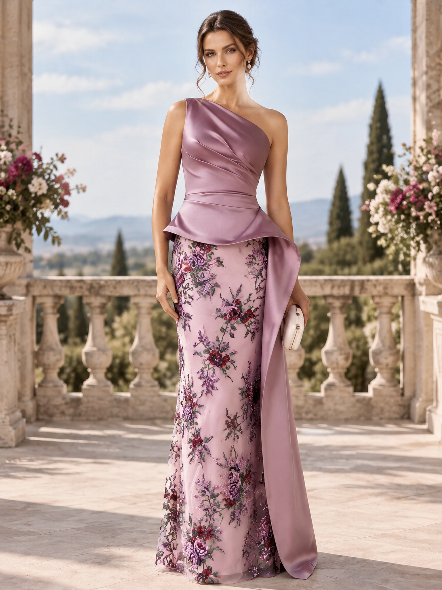 Plum One-Shoulder Peplum Floral Print Mermaid Maxi Dress
