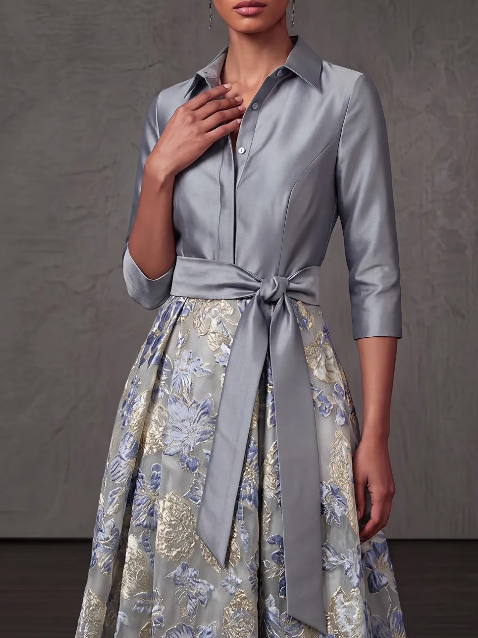 Dusty Blue A-Line Point Collar Embroidered Floral Dresses with Bow