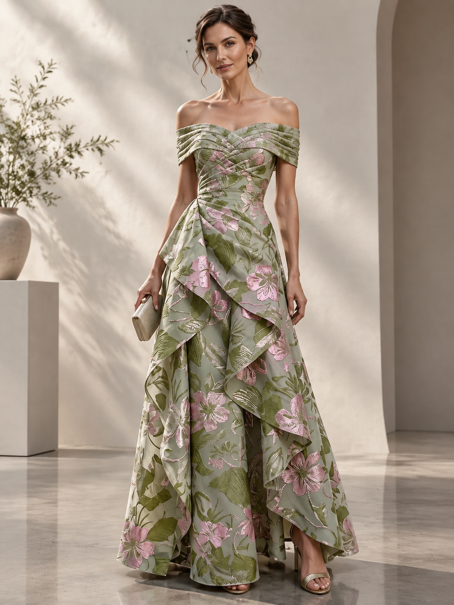 Sage Green Floral Embroidered Off Shoulder Ruffle Maxi Dress