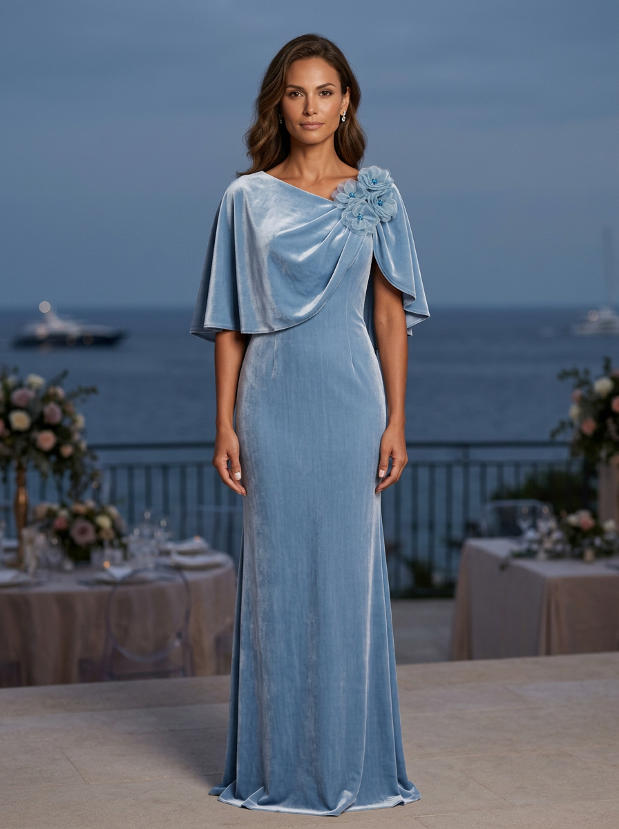 Light Blue Velvet Cape Sleeve Floral Applique Maxi Dress