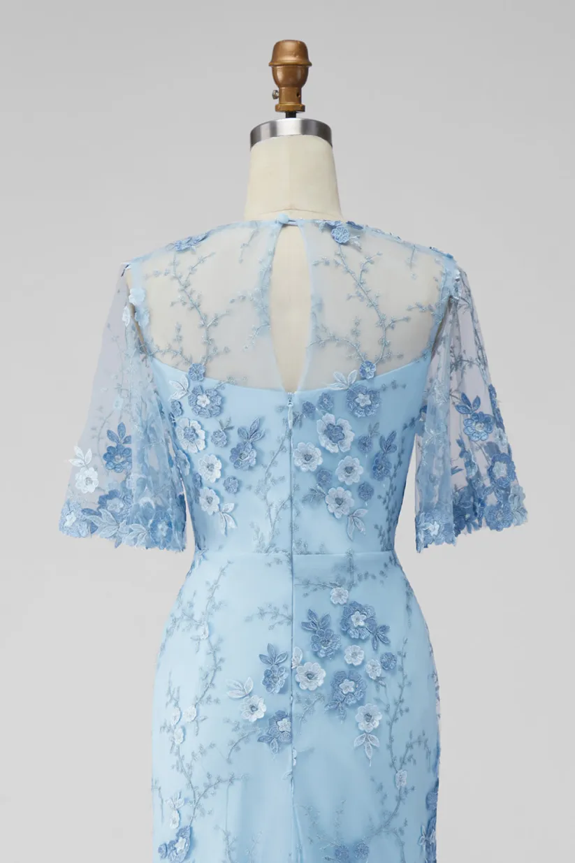 Light Blue Lace Embroidered 3/4 Sleeve Mermaid Maxi Dress