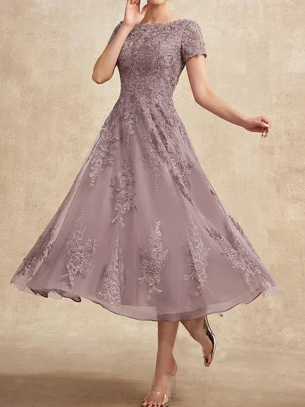 A-line Scoop Tea-Length Tulle Lace Mother of the Bride Dress