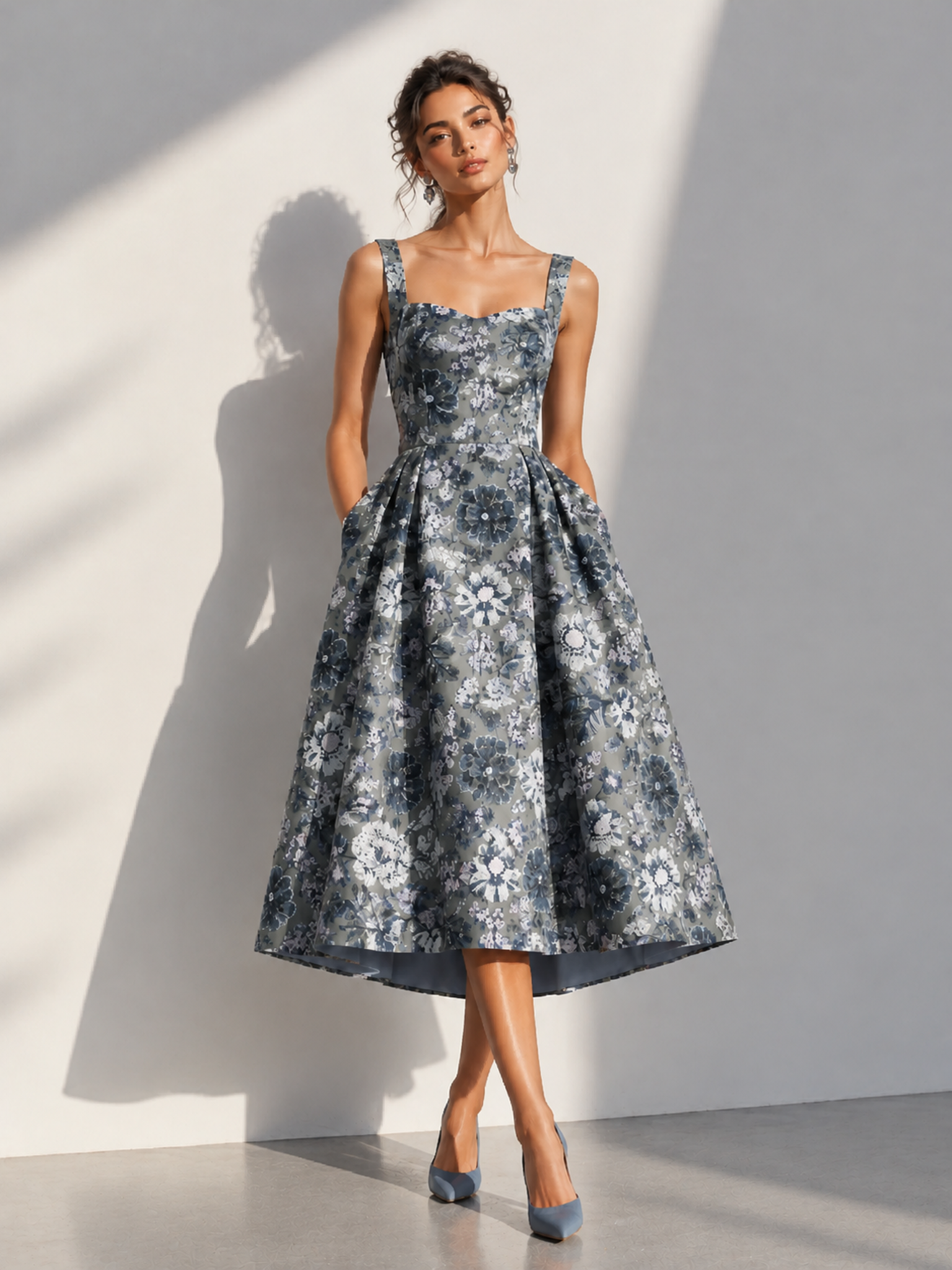 Gray Square Neck Spaghetti Strap Floral Jacquard Swing Tea-Length Dress