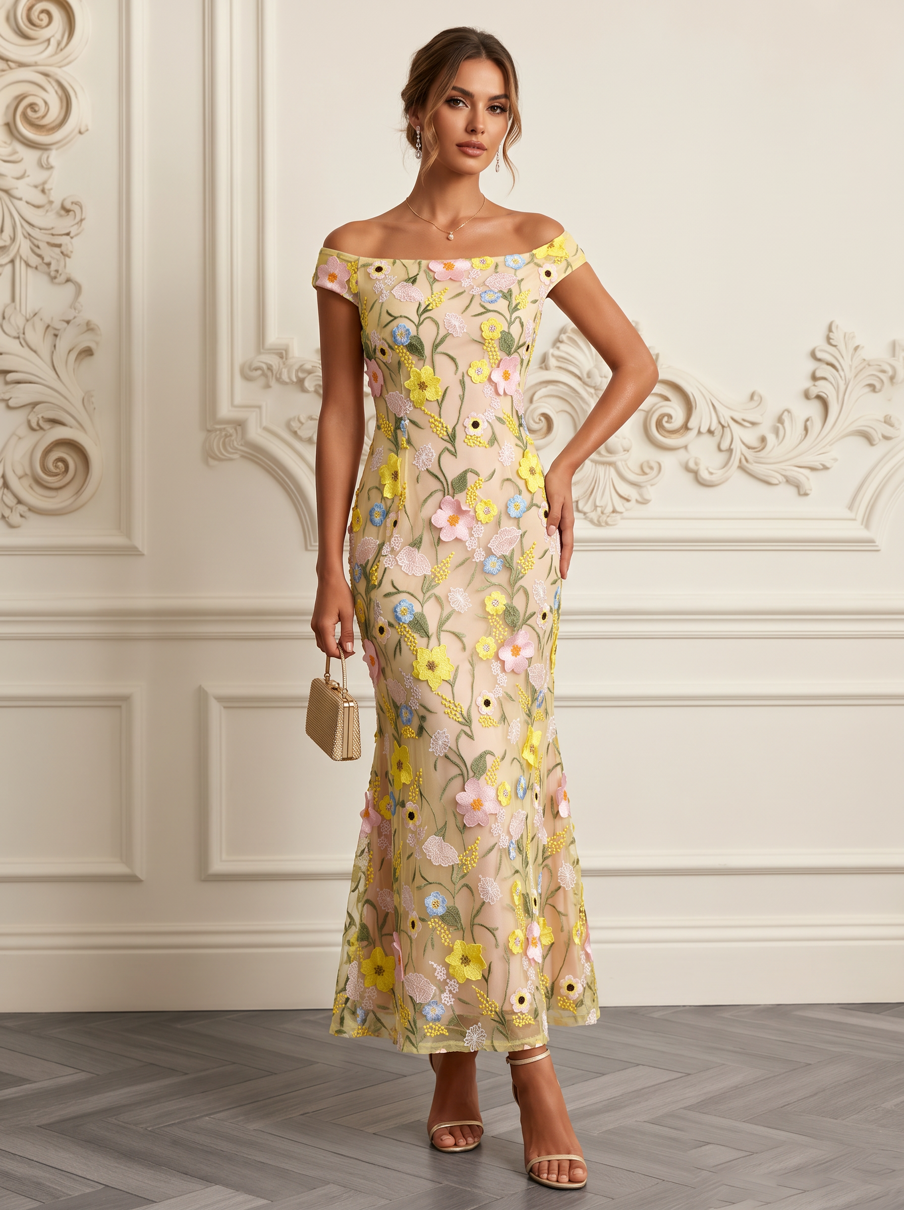 Champagne Off Shoulder Floral Embroidered Mermaid Maxi Dress