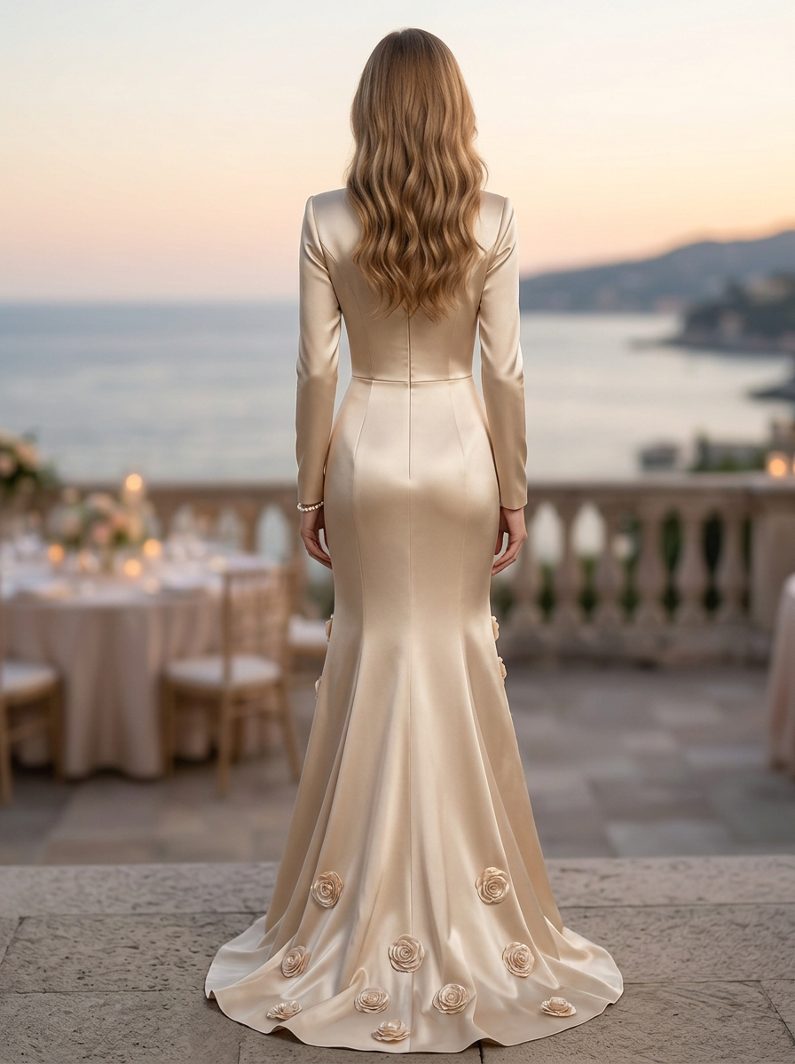 Champagne High Neck Long Sleeve 3D Floral Satin Mermaid Maxi Dress