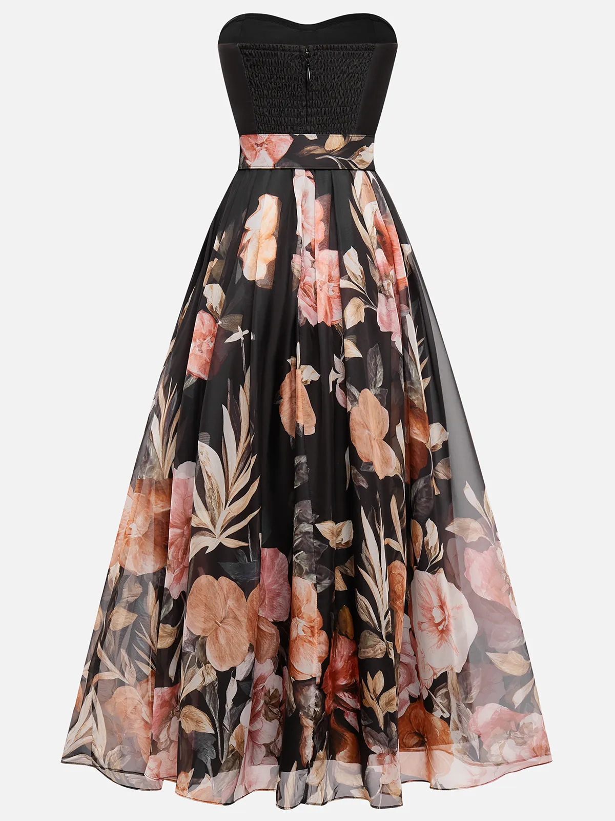 Black Floral Chiffon Strapless Sleeveless A-Line Midi Dress