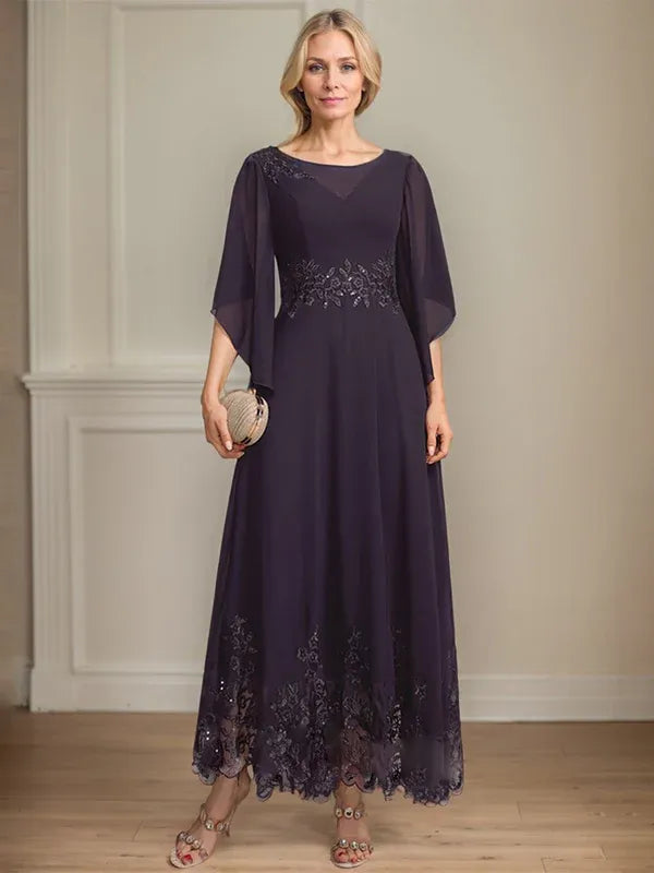 A-line Scoop Illusion Ankle-Length Lace Chiffon Mother of the Bride Dress With Sequins
