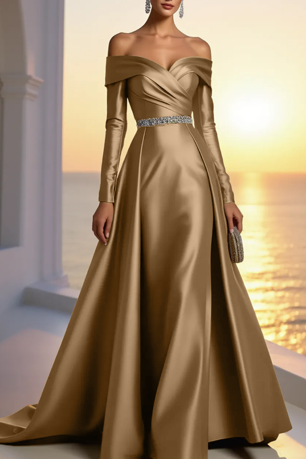 Formal Gold Satin Dress Off The Shoulder Long Sleeve Maxi Gown