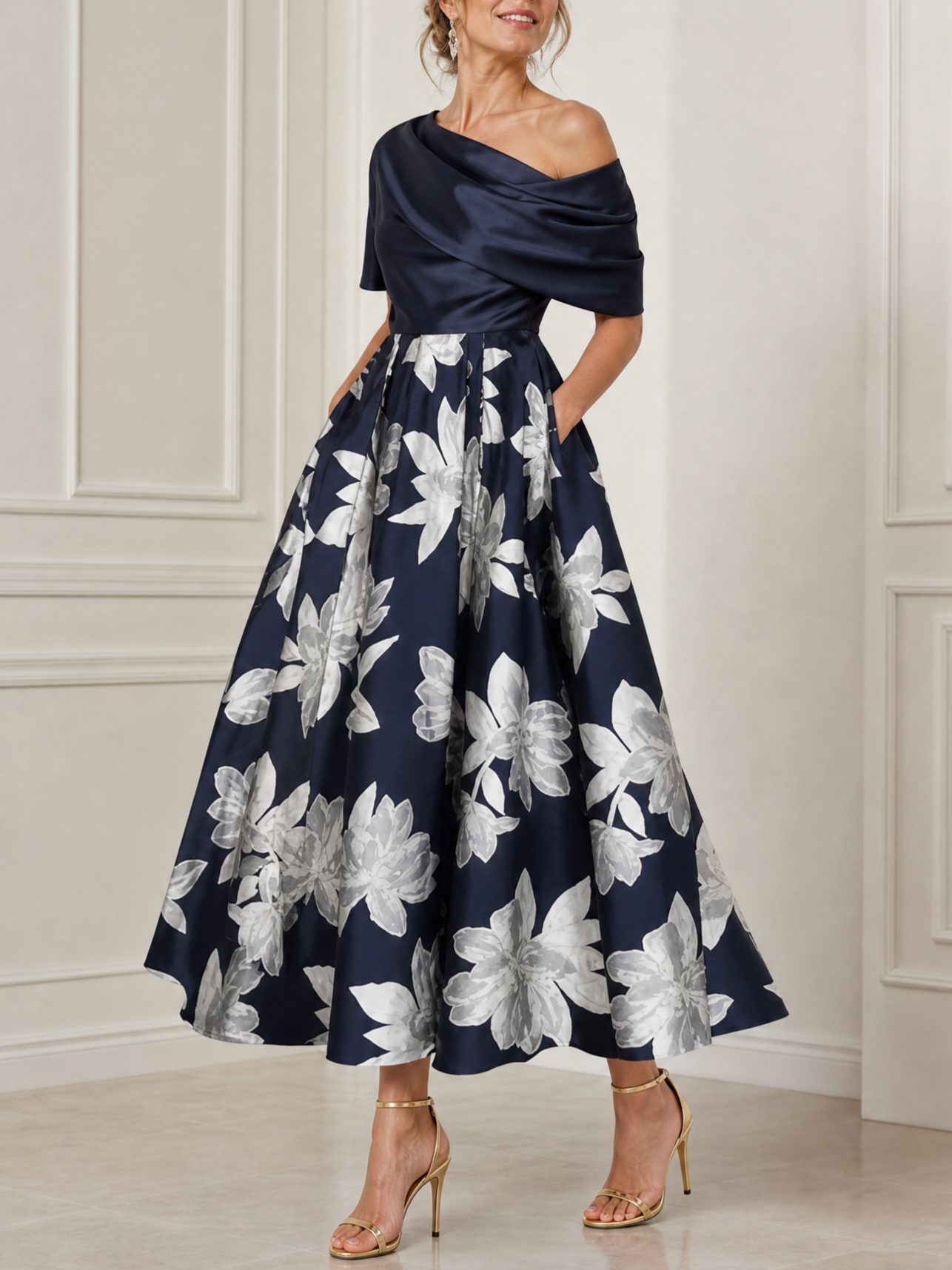 Navy Blue Romance Draped Satin Floral Off-The-Shoulder A-Line Midi Gown Dress