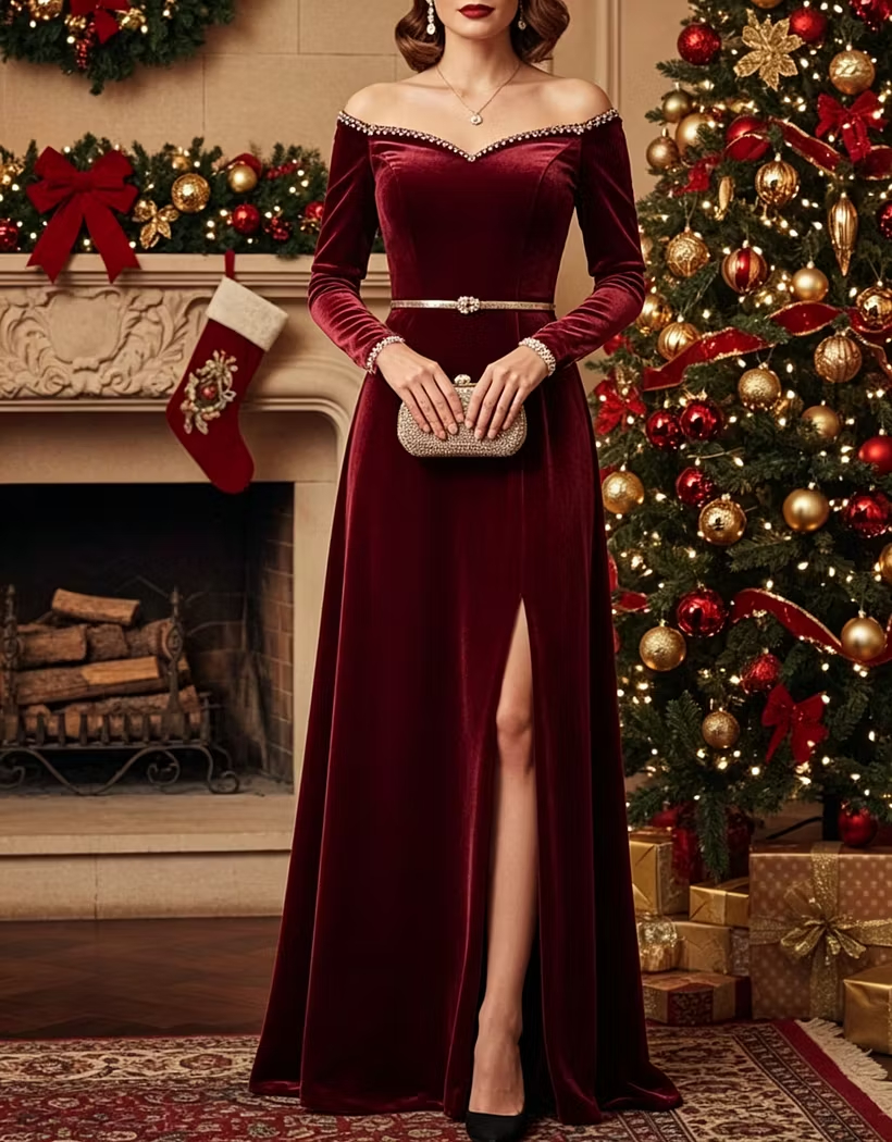 Off Shoulder Velvet Sequin A-Line Formal Maxi Dress