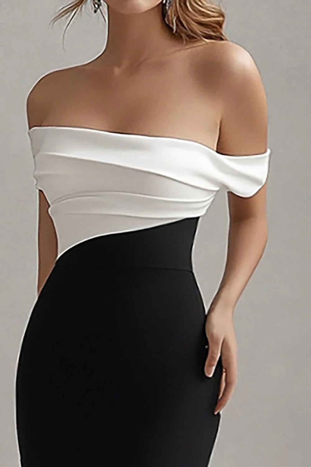 Elegant Off the Shoulder Black White Formal Dress with Slit