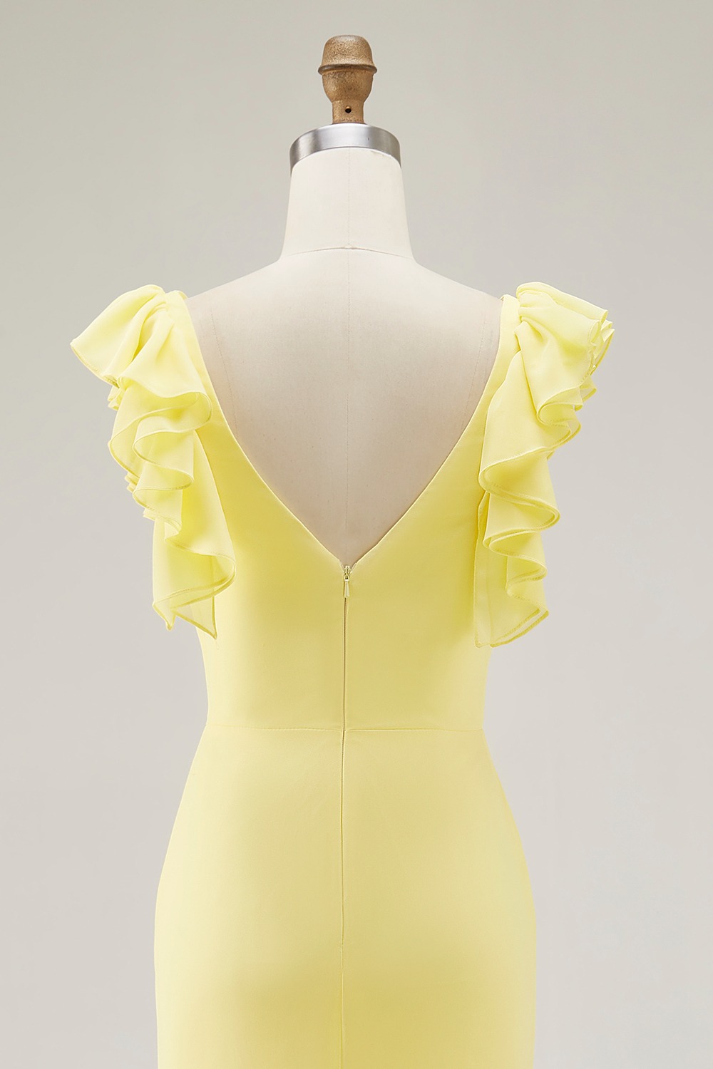 Yellow Chiffon V Neck Mermaid Ruffled Maxi Formal Dress with Slit